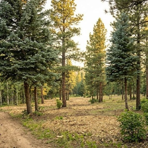 A well-spaced mountain property landscape in Evergreen, Colorado, showing healthy, limbed-up native conifers with clear ground space and a clean dirt driveway to demonstrate proper wildfire prevention and defensible space formatting.