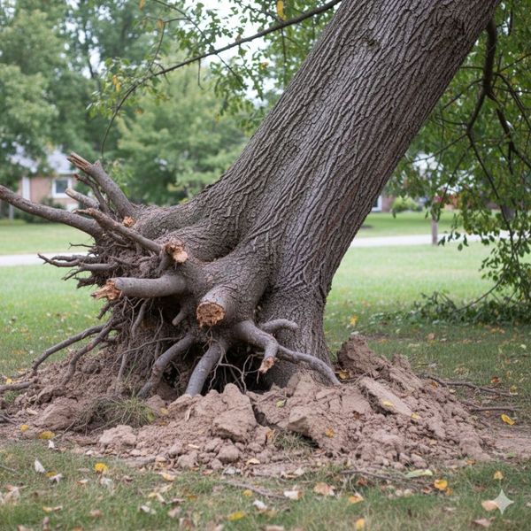 Base of a leaning tree with visible soil upheaval and cracking around the root collar, a sign of root failure.