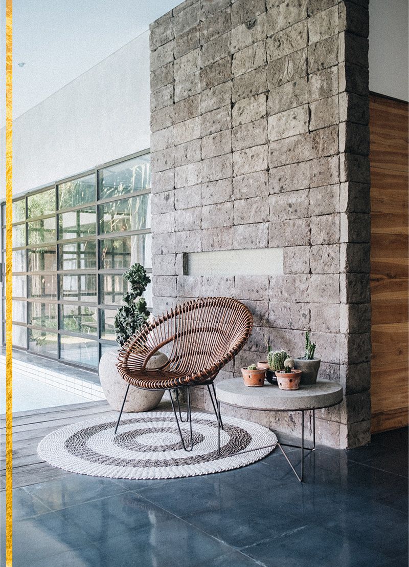 Image of a cute chair o top of a rug with plants next to it 