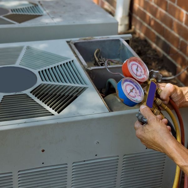 a technician taking stats from a hvac unit
