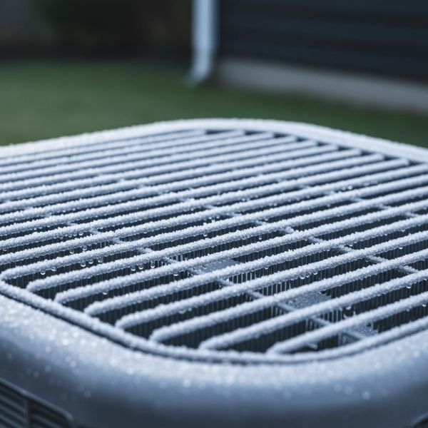 close-up shot shows a heat pump's outdoor unit covered in a light, even layer of frost