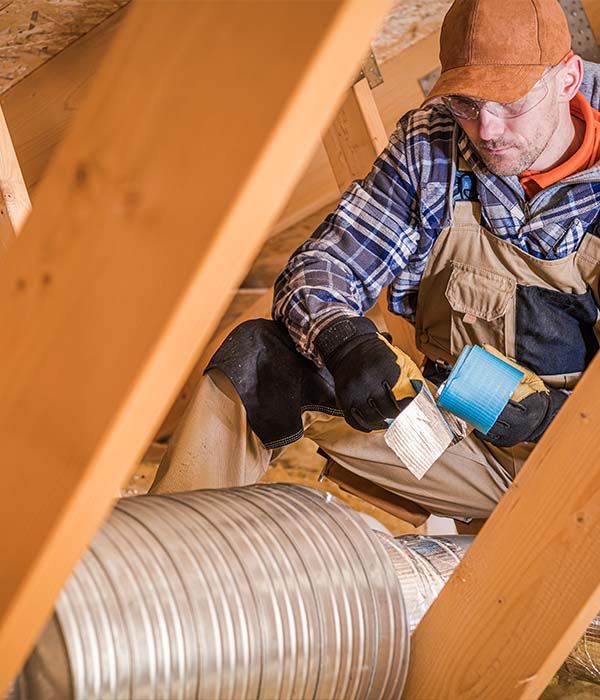 Man working on heating ductwork in attic