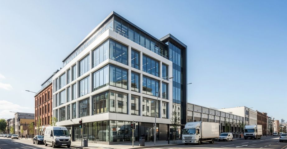 A modern micro-warehousing facility in a city, with delivery vans and trucks outside.