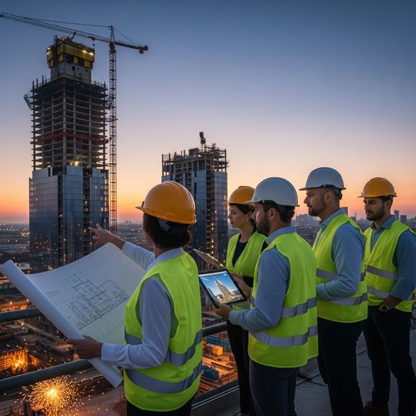 Project managers overlooking building