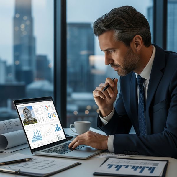 A commercial property investor reviewing building data on a laptop A commercial property investor reviewing building data on a laptop