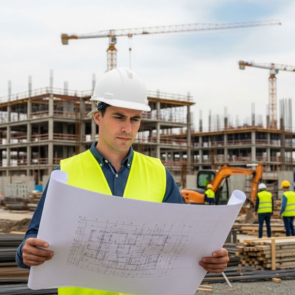 Project managers looking at blueprint