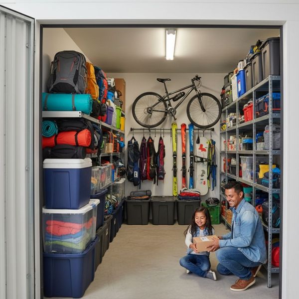 A well-organized storage unit neatly storing recreational gear and seasonal items for a family.
