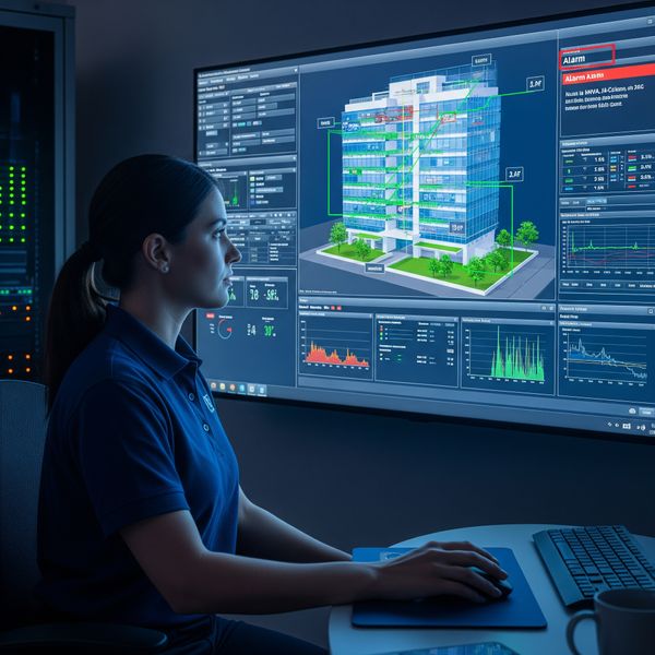 A technician monitors a building management system on a large screen A technician monitors a building management system on a large screen