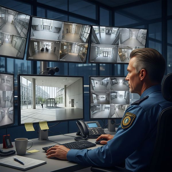 A security guard monitors a modern building's security camera system A security guard monitors a modern building's security camera system