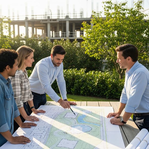 Team discussing construction outdoors