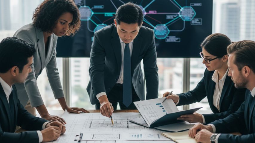 Business team looking at plans Business team looking at plans