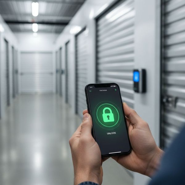 A person using their smartphone for secure, keyless entry into a modern self-storage facility.