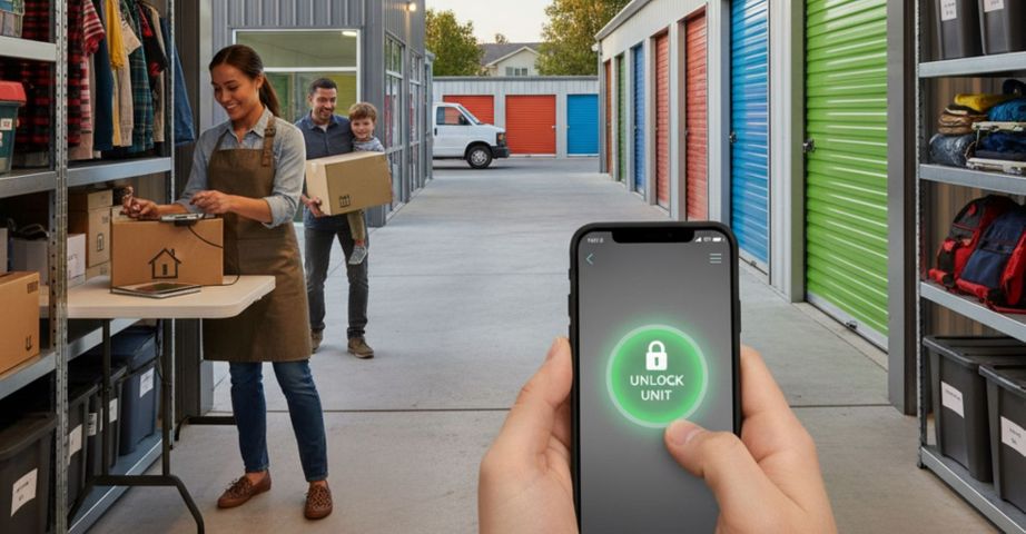 The modern exterior of a local self-storage facility, showcasing its accessibility and security features.