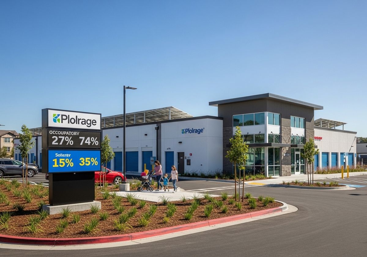 Exterior view of a modern self-storage facility with a family walking by.