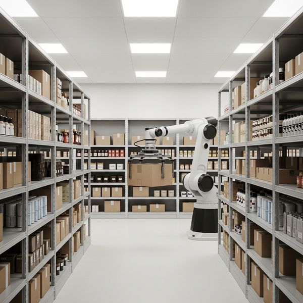 3D render of a modern warehouse interior with organized shelves and a robotic arm.