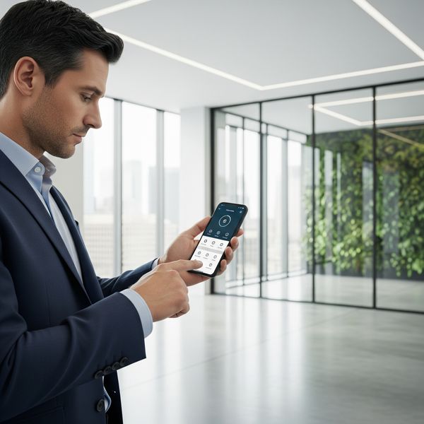 A business professional uses a smartphone to adjust smart building controls