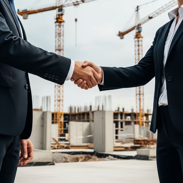 A handshake between business partners on a construction site, symbolizing collaboration.
