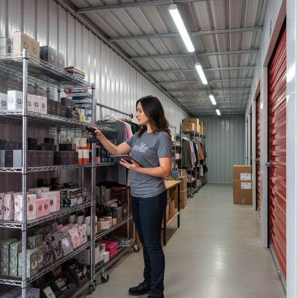 A small business owner efficiently managing their inventory within a local storage unit.