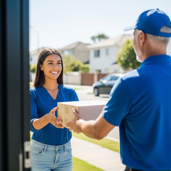 A person receiving a quick delivery package at their home.