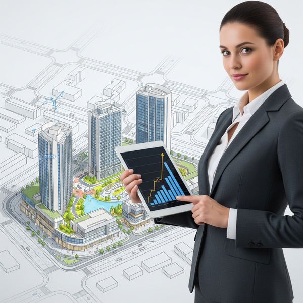 Business professional looking at a growth chart on a tablet in front of a development plan.