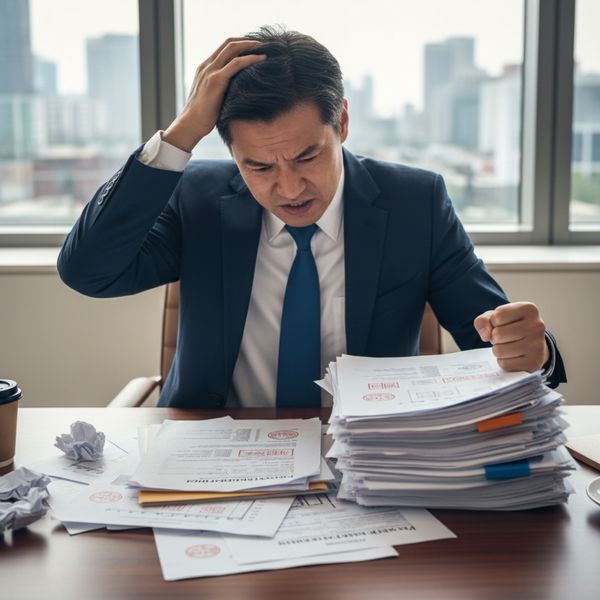 Stressed businessman with a stack of papers