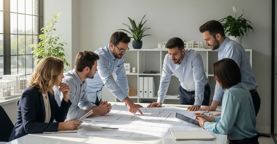 Team looking at blueprints
