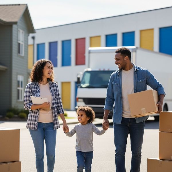 A happy family preparing for a move, representing the need for transitional storage solutions.
