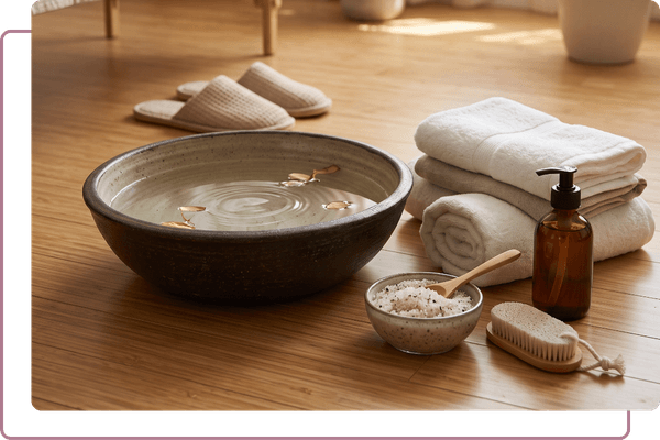 A relaxing spa setup on a wooden floor featuring a large bowl of water with petals, neatly folded towels, a bottle of oil, a bowl of scrub, a wooden brush, and a pair of slippers.
