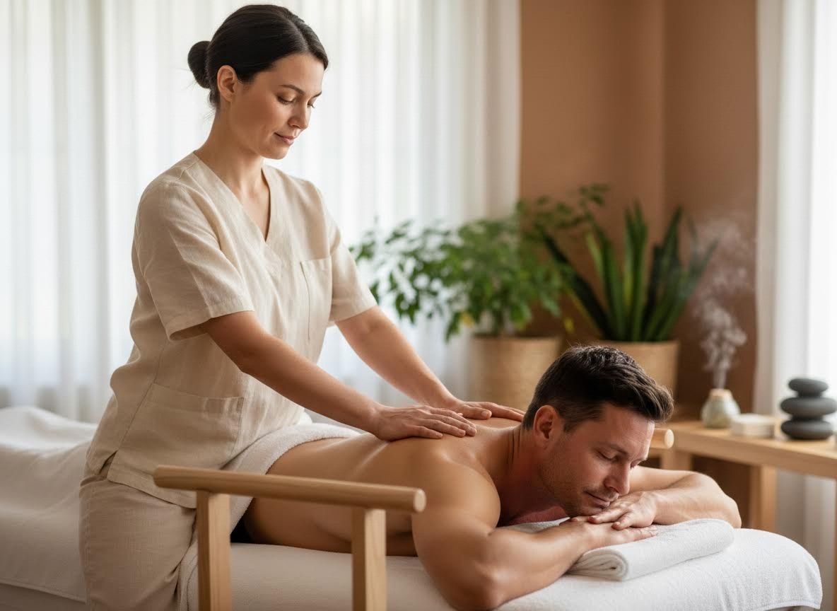 Man receiving a back massage in a tranquil spa