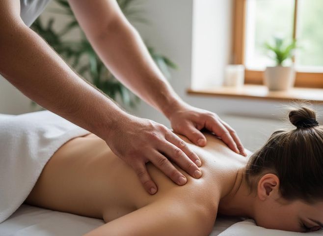 A person receives a relaxing back massage from a masseur in a serene spa setting. The client lies face down, draped in a white towel. Relaxing Back Massage Session