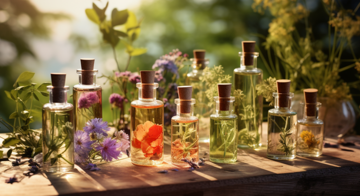 8 clear bottles of essential oils on a table in the sun essential oils