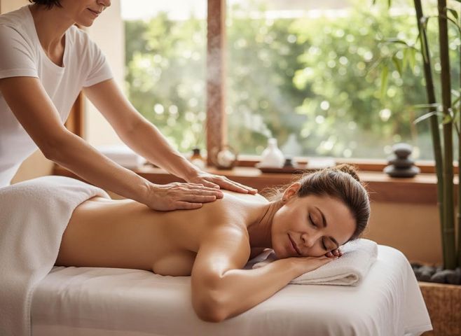 A woman lies relaxed on a massage table, eyes closed, receiving a back massage from a masseuse in a tranquil spa room with natural light and plants. Woman receiving a relaxing back massage at a spa
