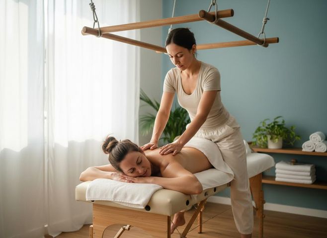 A female therapist massages the back of a relaxed woman on a massage table in a bright, peaceful room with soft lighting. Woman receiving a back massage in a tranquil spa room