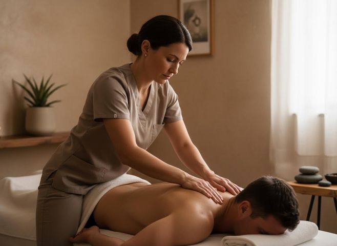 A female masseuse in a uniform is giving a back massage to a male client on a table in a serene spa room with soft lighting. Professional Back Massage Session