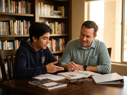 Teenage boy and adult man studying together at a table
