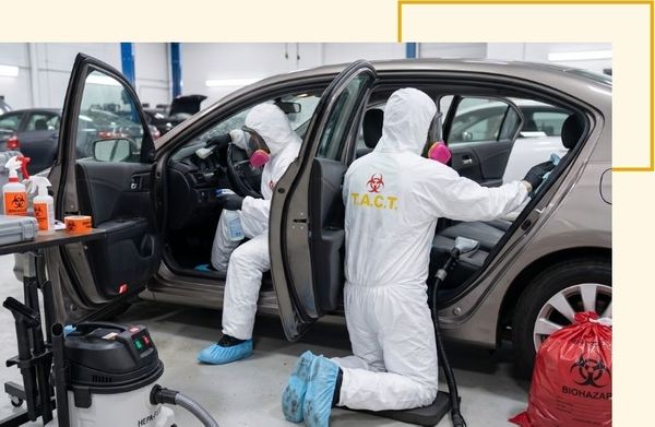 T.A.C.T. workers decontaminating a sedan car