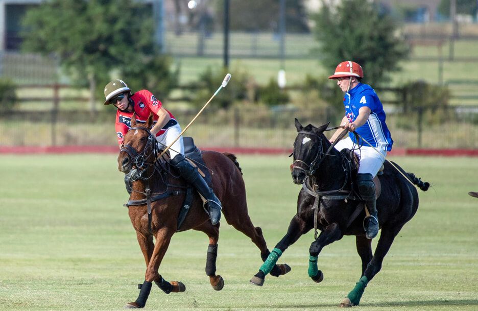 Two people on horses playing polo