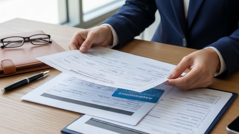 A diverse set of temporary paper vehicle permits and forms laid out on a clean desk, ready for completion. A diverse set of temporary paper vehicle permits and forms laid out on a clean desk, ready for completion.