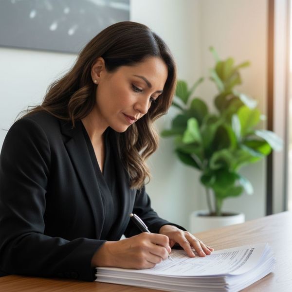 A person meticulously filling out DMV paperwork with a pen on a clipboard.