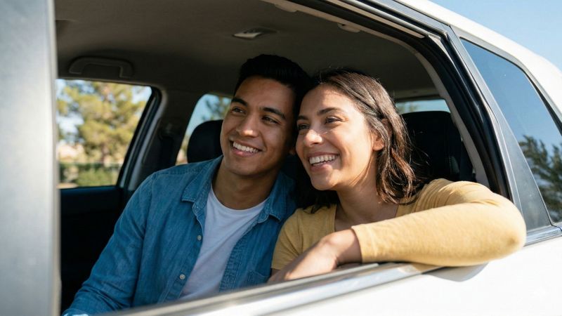 A couple in a car. A couple in a car.