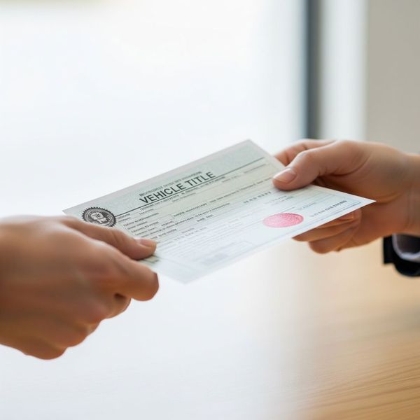 Close-up of a person handing a generic vehicle title document to another person.