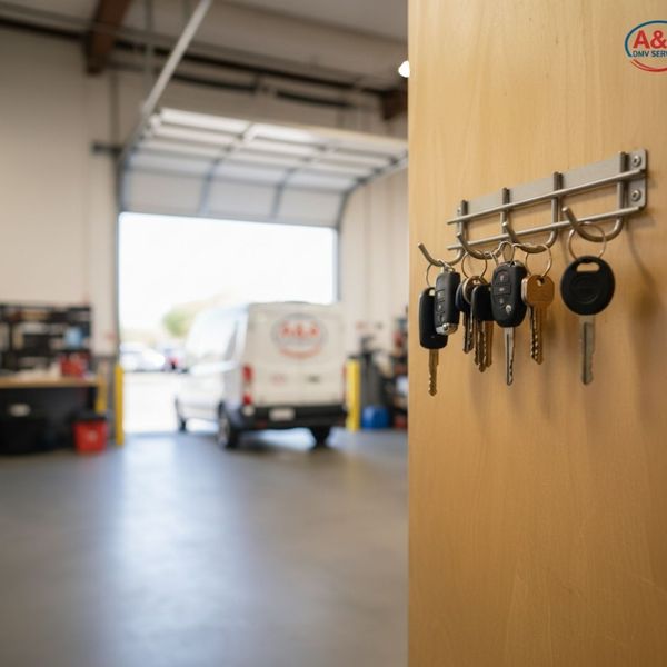 Several sets of keys hanging on a hook next to a door, with an open garage door revealing a fleet vehicle outside.