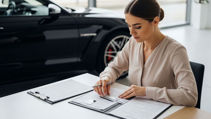 A woman organizing her vehicle title and car insurance documents on a clean desk with a car in the background.
