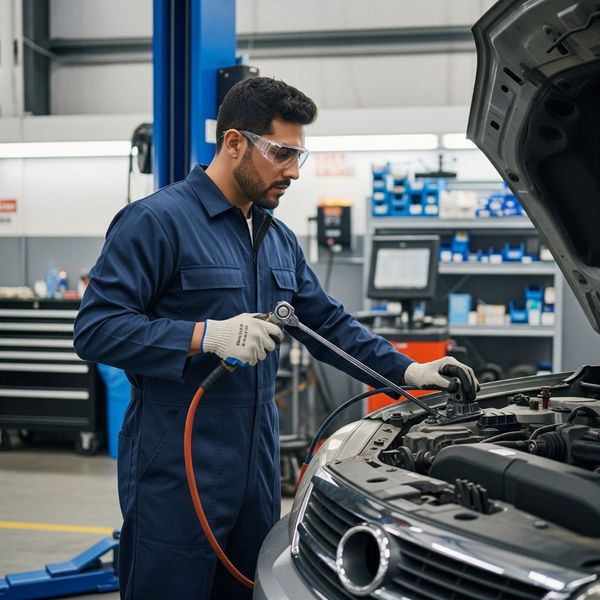 A mechanic in a clean garage performing a vehicle smog check.