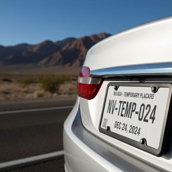 Close-up, photorealistic image of a white car's rear, with a Nevada temporary paper license plate (placard) mounted in the standard license plate frame.