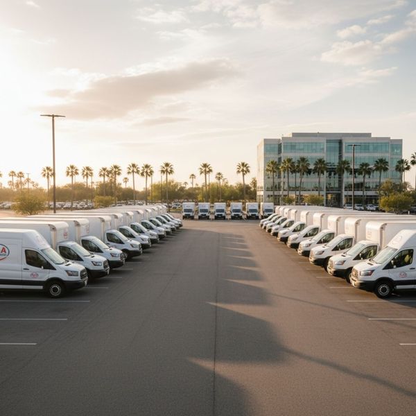 A diverse fleet of white commercial vans and trucks parked neatly in a sunlit lot.