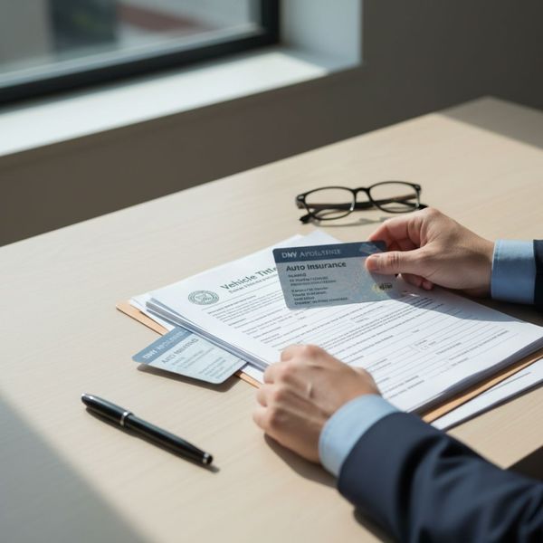 Hands organizing a stack of official vehicle registration and title documents on a desk.