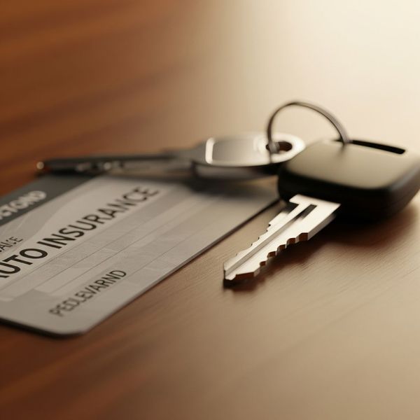 A generic auto insurance card lying next to a set of car keys on a wooden table.