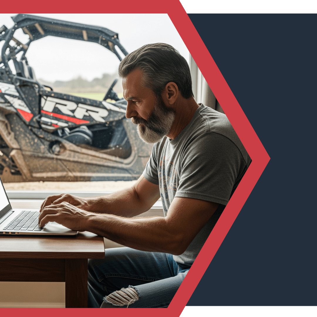 man with new UTV filling out paperwork to register it man with new UTV filling out paperwork to register it