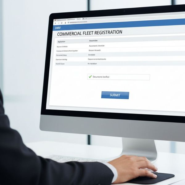A hand hovering over a "Submit" button on a computer screen displaying an online DMV application form.